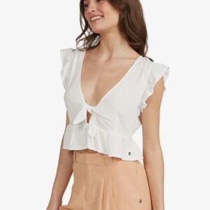 Roxy White Tie-Front Flutter Sleeve Crop Top